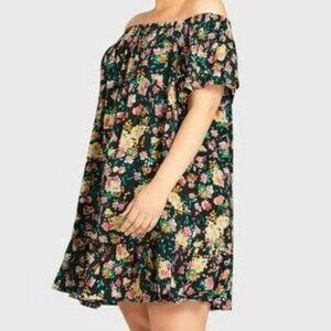 Avenue Black Floral Off The Shoulder Dress Plus Size 16 Ruffle Boho Short Sleeve
